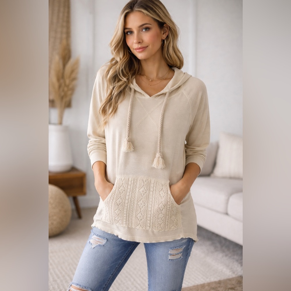 POL Cream Knit Tassel Hoodie Sweatshirt